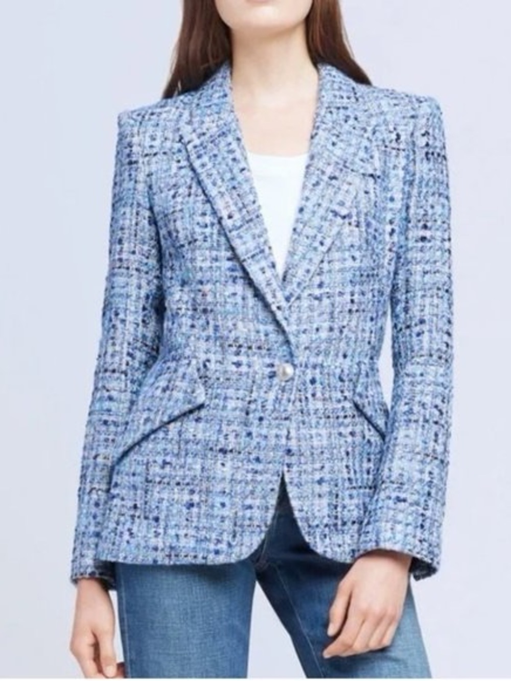 L'AGENCE Light Blue Tweed Single-Button Blazer